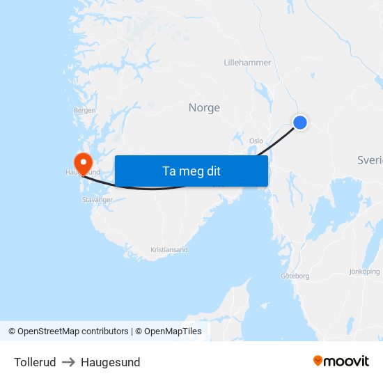 Tollerud to Haugesund map