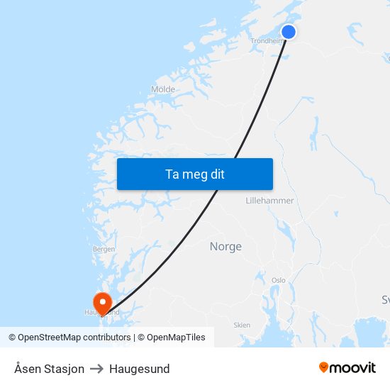 Åsen Stasjon to Haugesund map