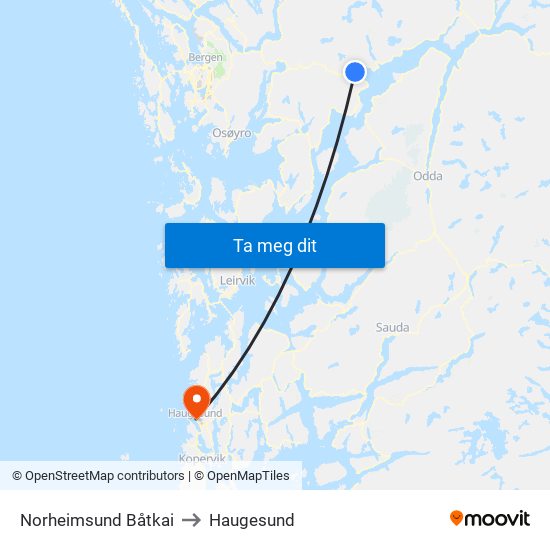 Norheimsund Båtkai to Haugesund map
