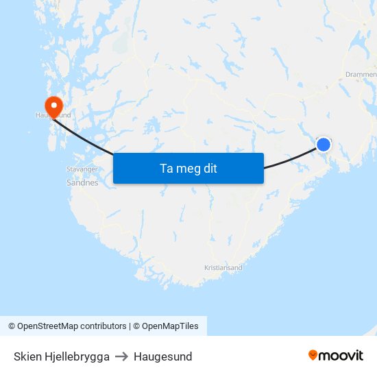 Skien Hjellebrygga to Haugesund map