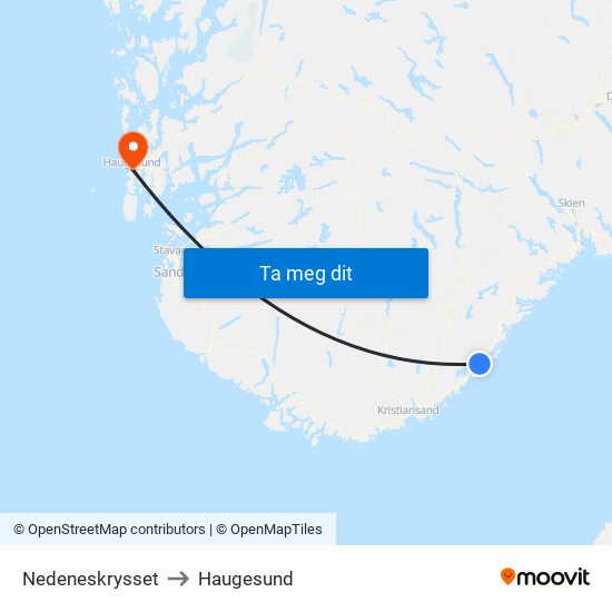 Nedeneskrysset to Haugesund map