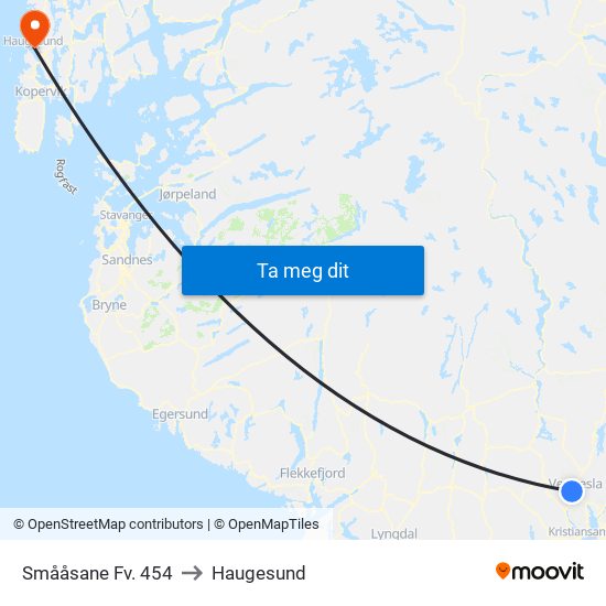 Smååsane Fv. 454 to Haugesund map