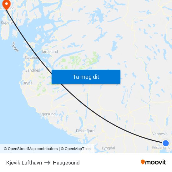 Kjevik Lufthavn to Haugesund map