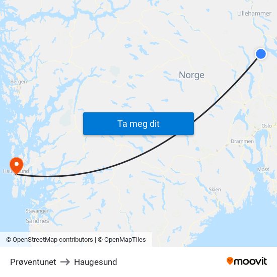 Prøventunet to Haugesund map