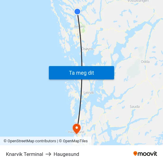Knarvik Terminal to Haugesund map
