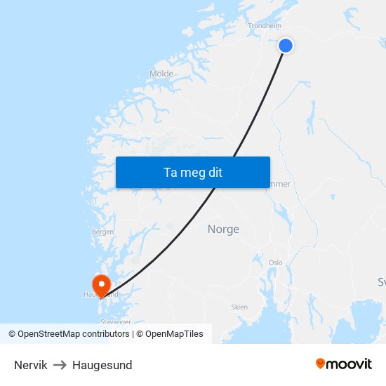 Nervik to Haugesund map