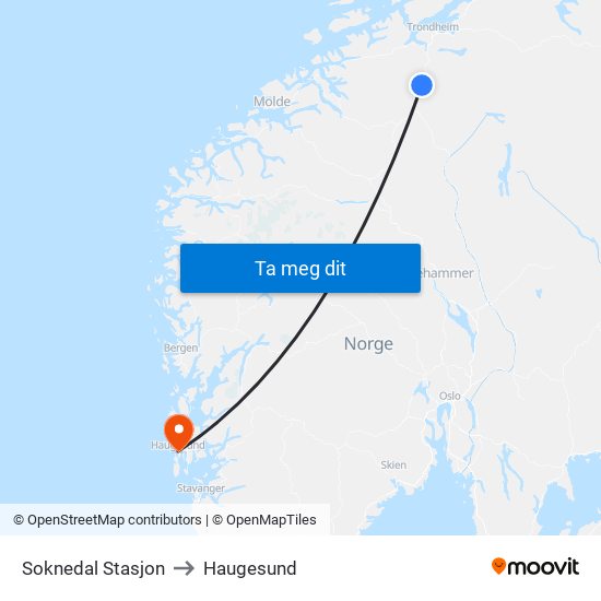 Soknedal Stasjon to Haugesund map