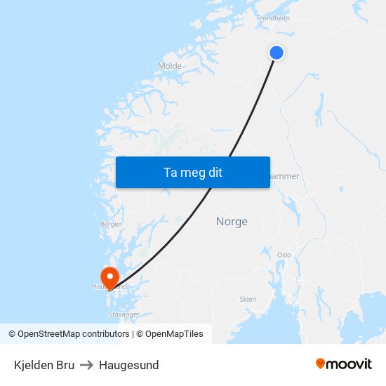 Kjelden Bru to Haugesund map