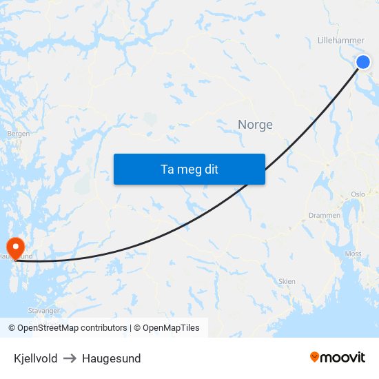 Kjellvold to Haugesund map