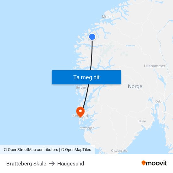 Bratteberg Skule to Haugesund map
