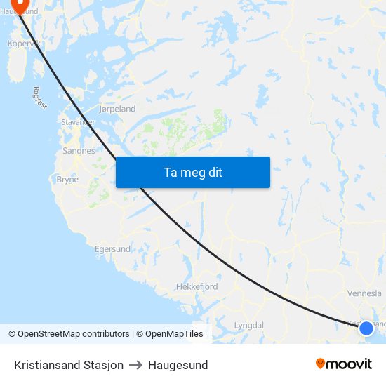 Kristiansand Stasjon to Haugesund map