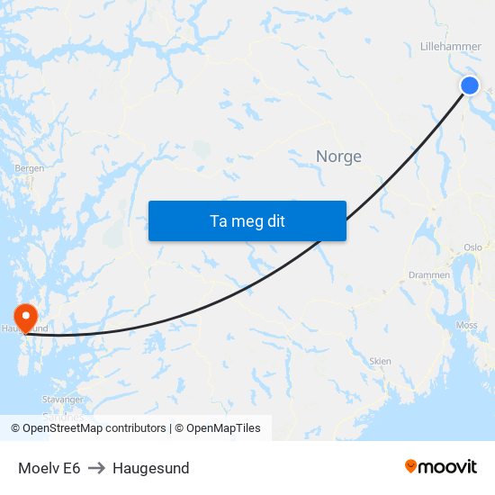 Moelv E6 to Haugesund map