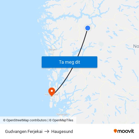 Gudvangen Ferjekai to Haugesund map