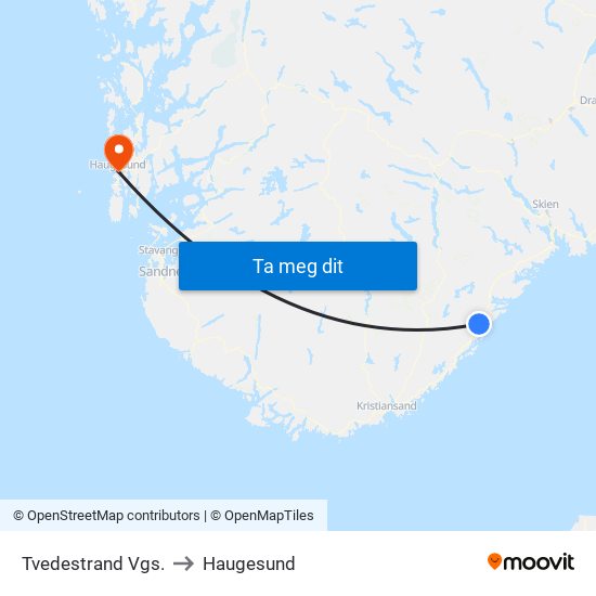 Tvedestrand Vgs. to Haugesund map