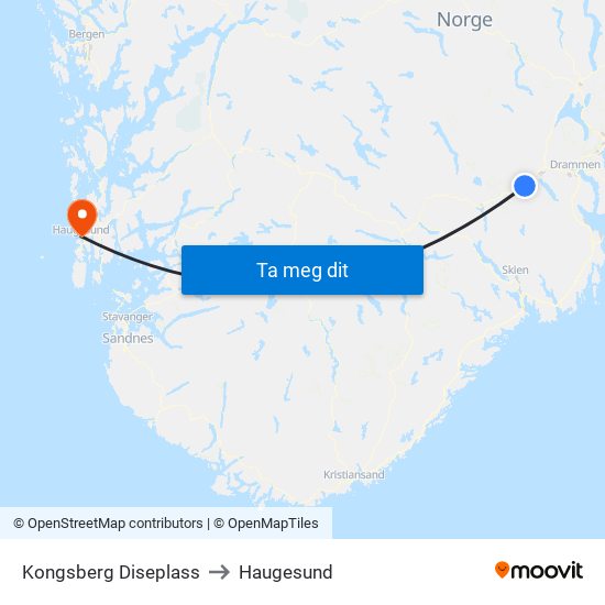 Kongsberg Diseplass to Haugesund map