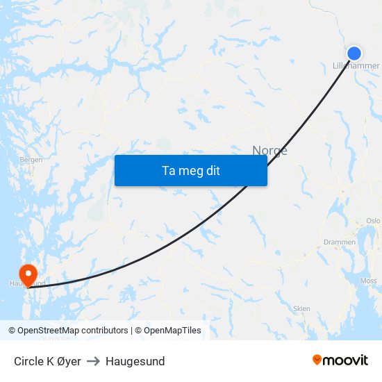 Circle K Øyer to Haugesund map