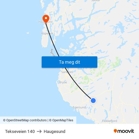 Tekseveien 140 to Haugesund map