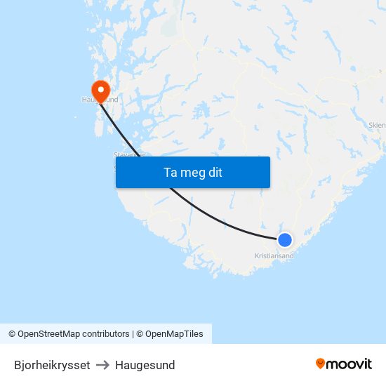 Bjorheikrysset to Haugesund map