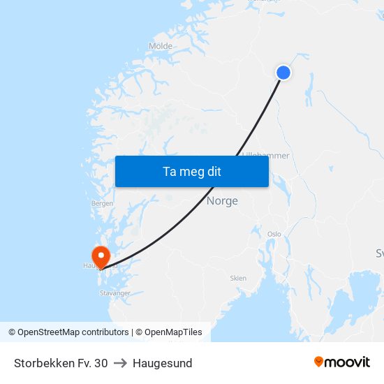 Storbekken Fv. 30 to Haugesund map