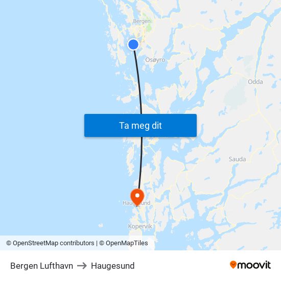 Bergen Lufthavn to Haugesund map