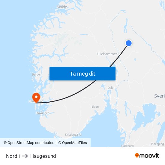 Nordli to Haugesund map