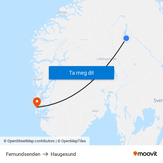 Femundsenden to Haugesund map