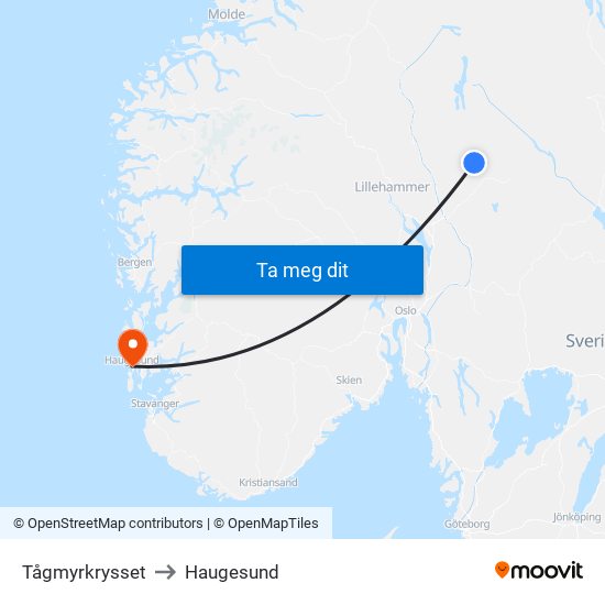 Tågmyrkrysset to Haugesund map