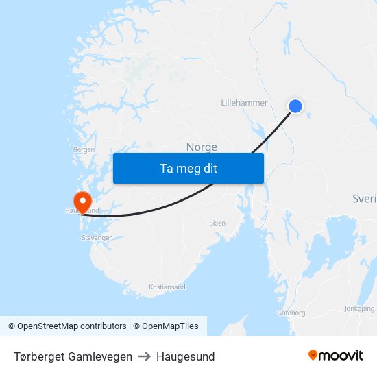 Tørberget Gamlevegen to Haugesund map