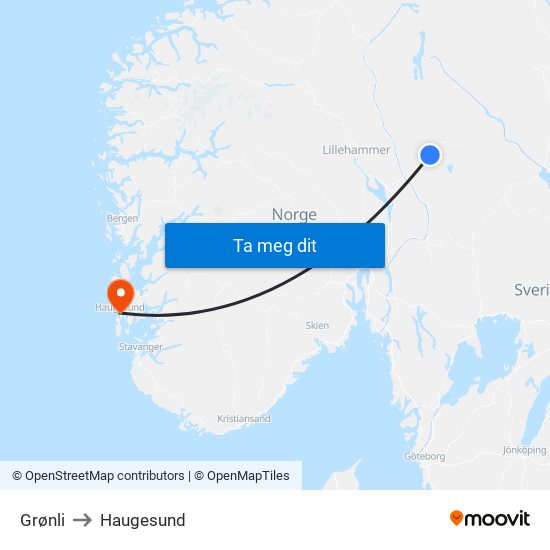 Grønli to Haugesund map