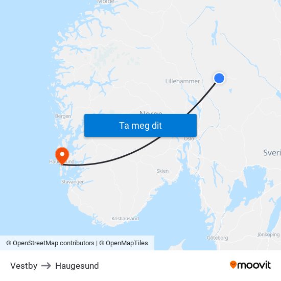 Vestby to Haugesund map
