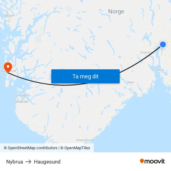 Nybrua to Haugesund map