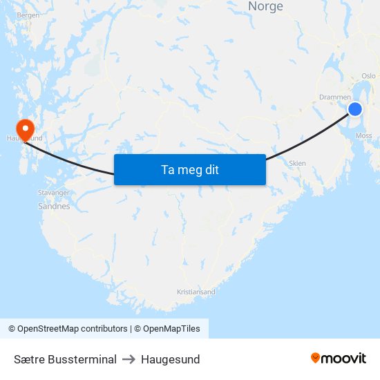 Sætre Bussterminal to Haugesund map