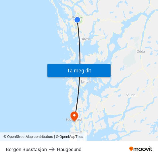 Bergen Busstasjon to Haugesund map