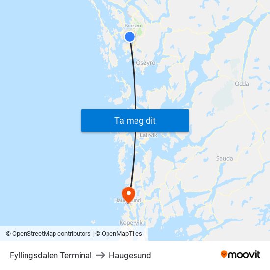 Fyllingsdalen Terminal to Haugesund map