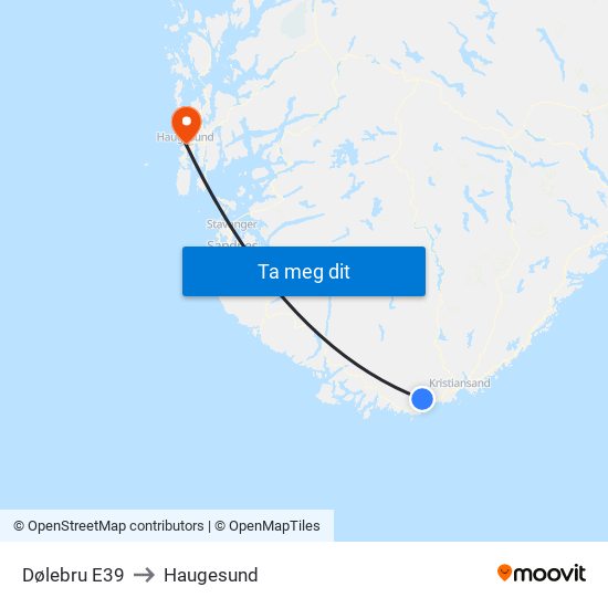 Dølebru E39 to Haugesund map