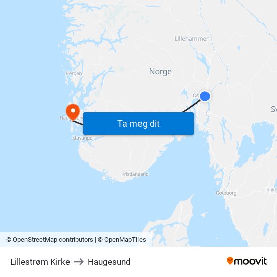 Lillestrøm Kirke to Haugesund map