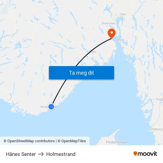 Hånes Senter to Holmestrand map