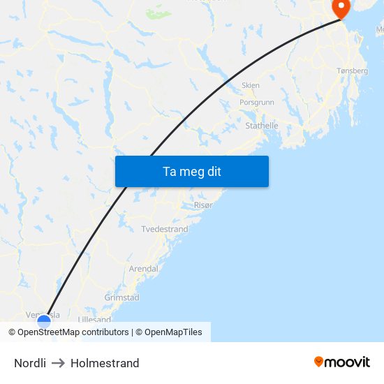 Nordli to Holmestrand map