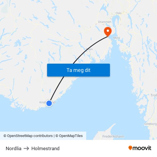Nordlia to Holmestrand map