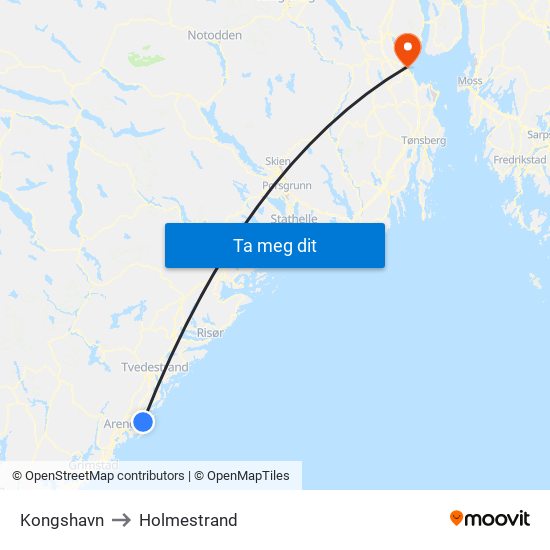Kongshavn to Holmestrand map
