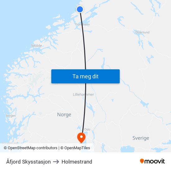 Åfjord Skysstasjon to Holmestrand map