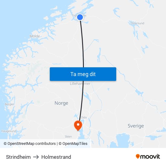 Strindheim to Holmestrand map