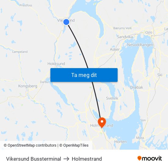 Vikersund Bussterminal to Holmestrand map