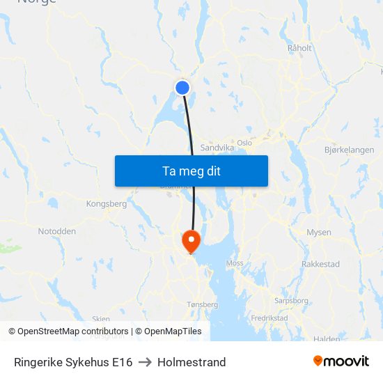 Ringerike Sykehus E16 to Holmestrand map