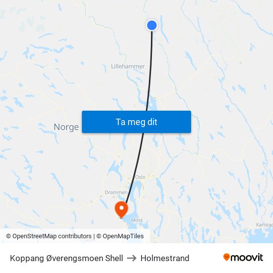 Koppang Øverengsmoen Shell to Holmestrand map