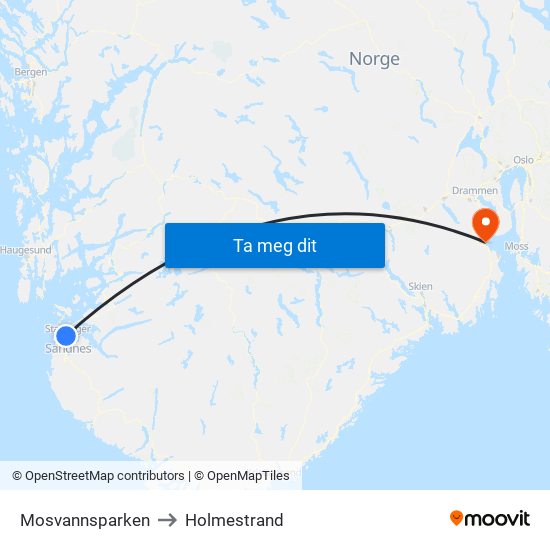 Mosvannsparken to Holmestrand map