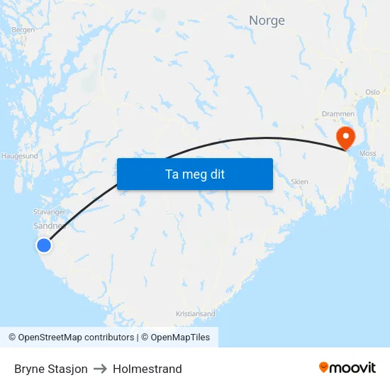 Bryne Stasjon to Holmestrand map