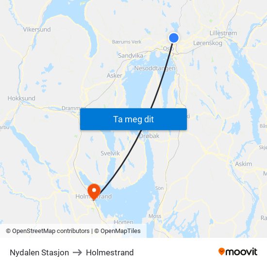 Nydalen Stasjon to Holmestrand map