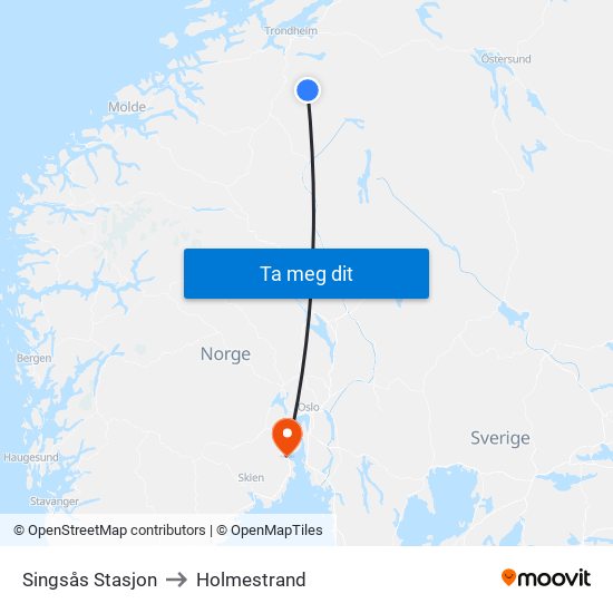 Singsås Stasjon to Holmestrand map