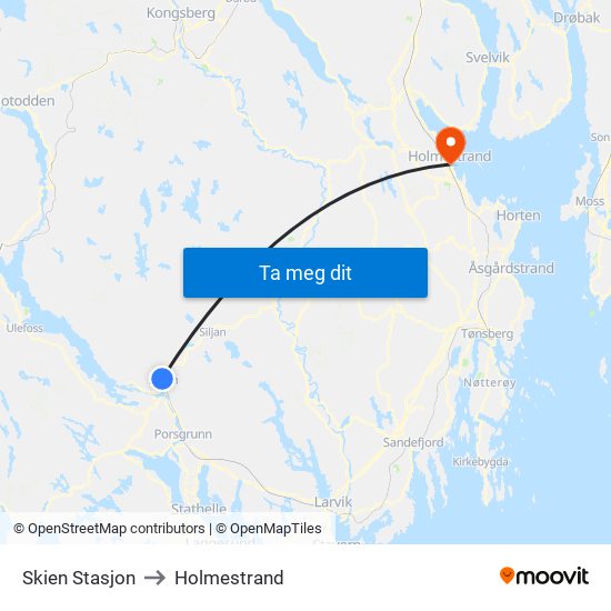 Skien Stasjon to Holmestrand map